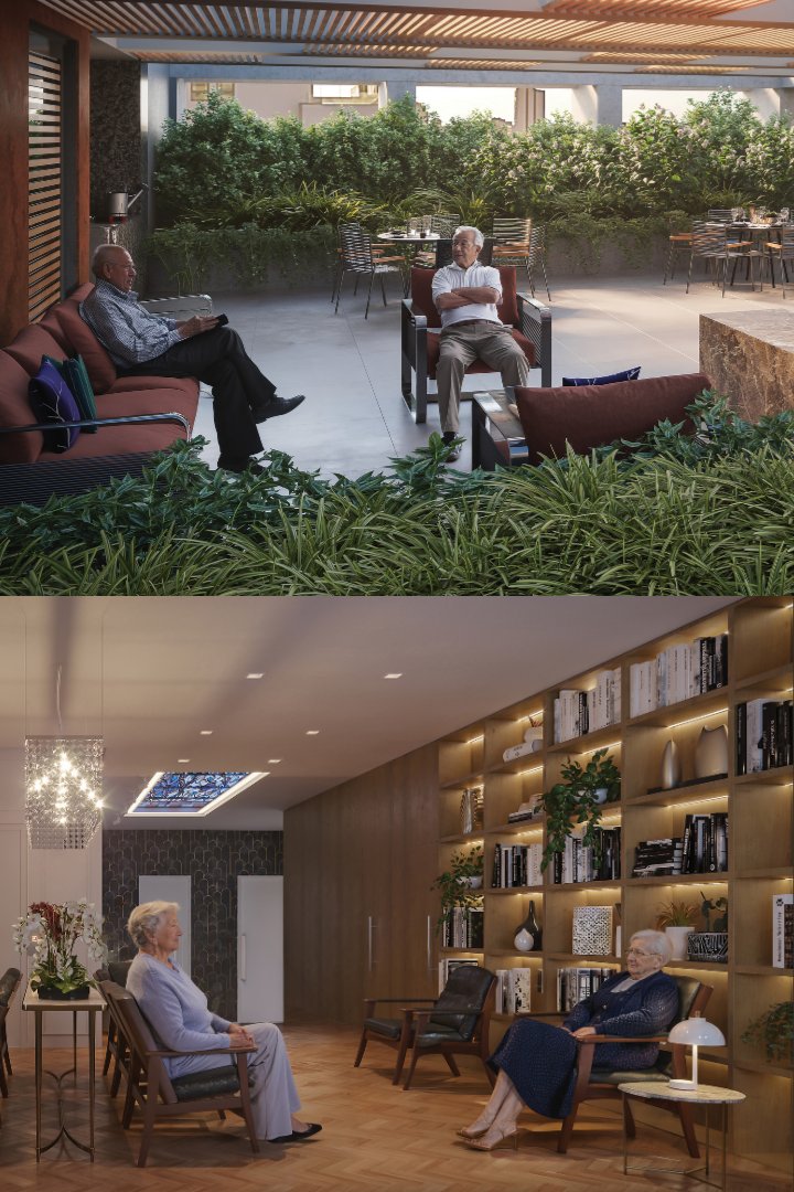 Espaços de convívio: rooftop com jardim e biblioteca com estantes iluminadas