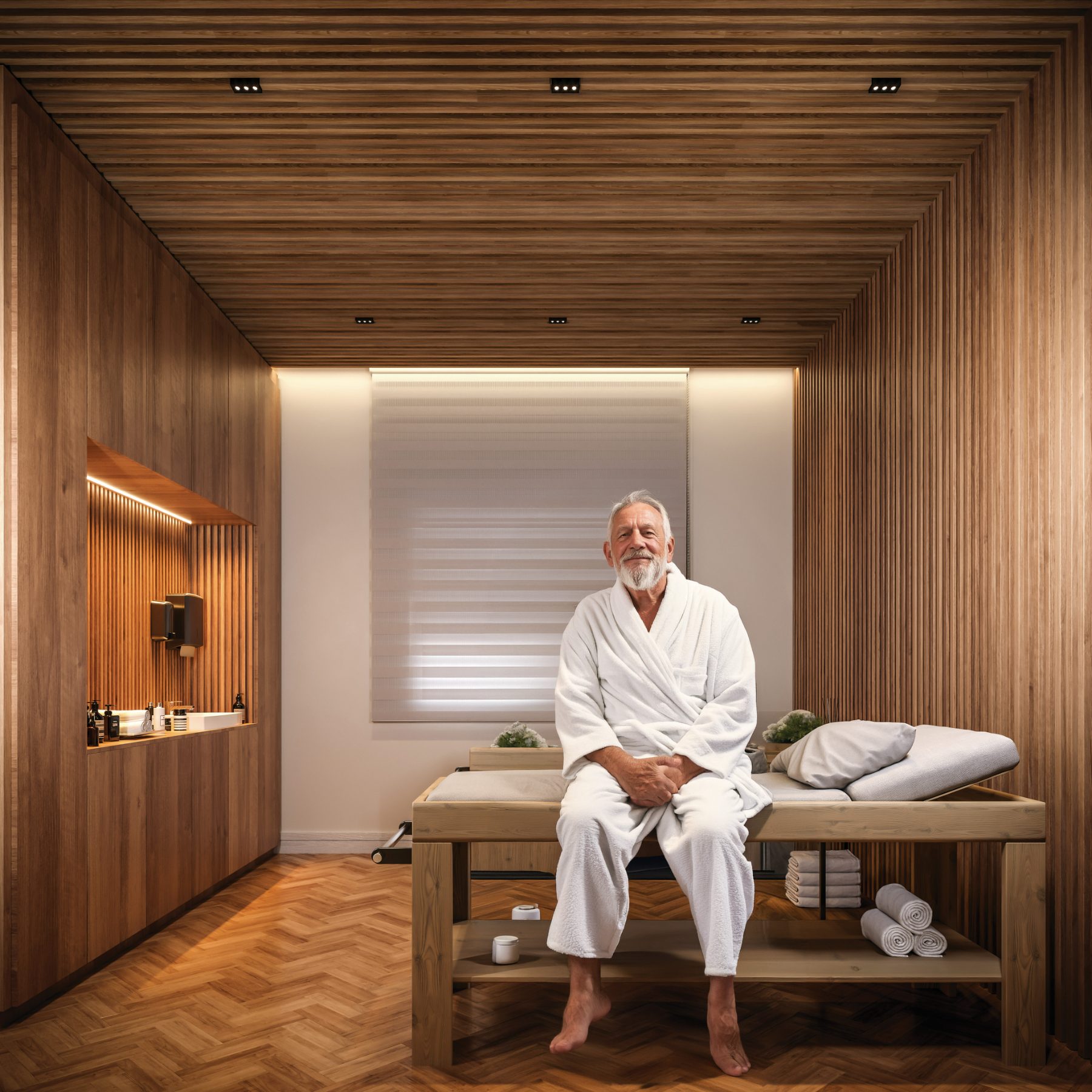 Spa com revestimento amadeirado e maca de massagem