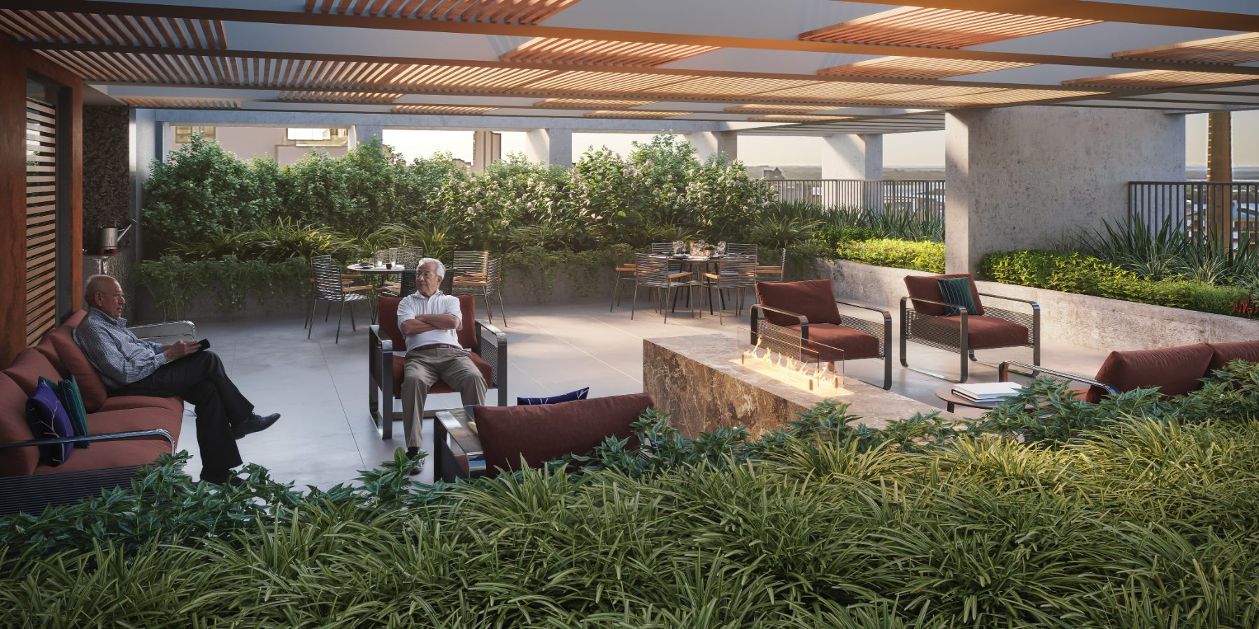 Rooftop com pergolado, jardim e lareira