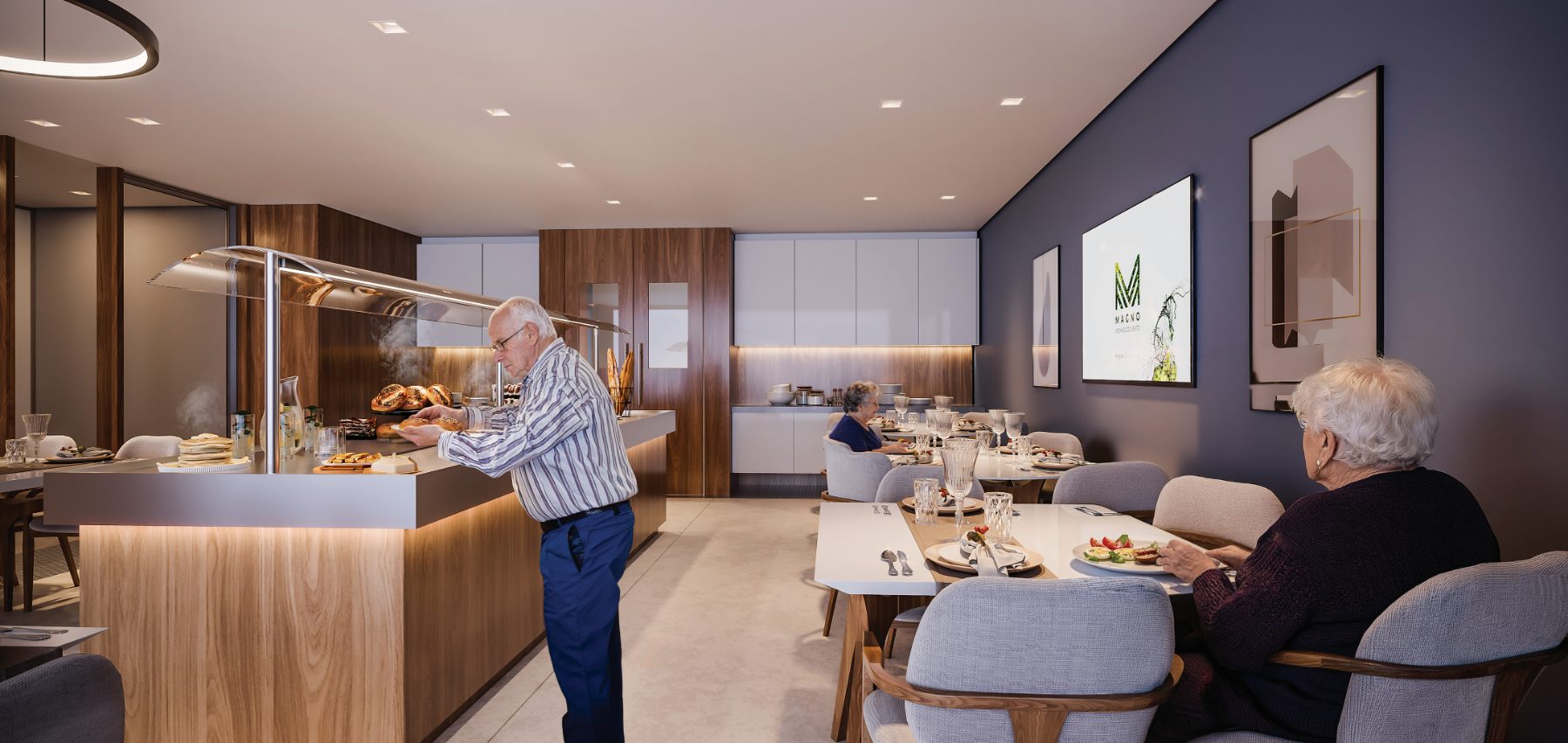 Restaurante Magnólia com buffet e mesas postas